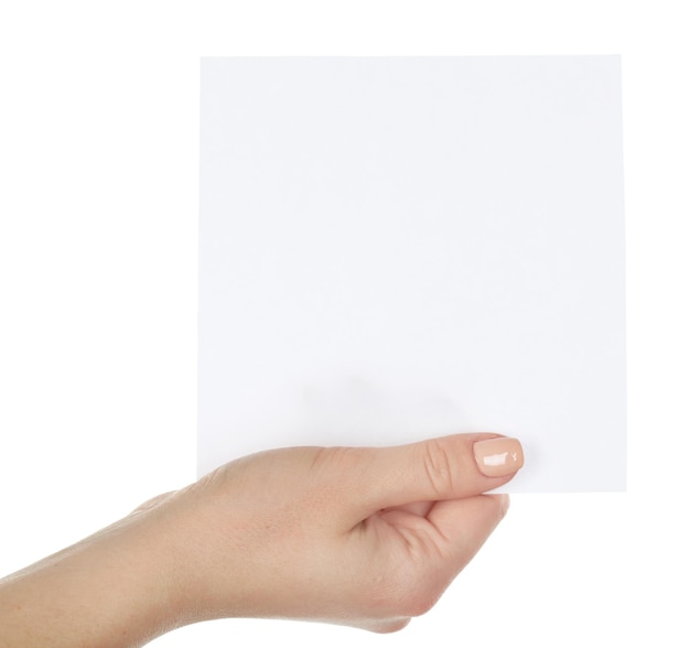 Hand holding blank card isolated on white