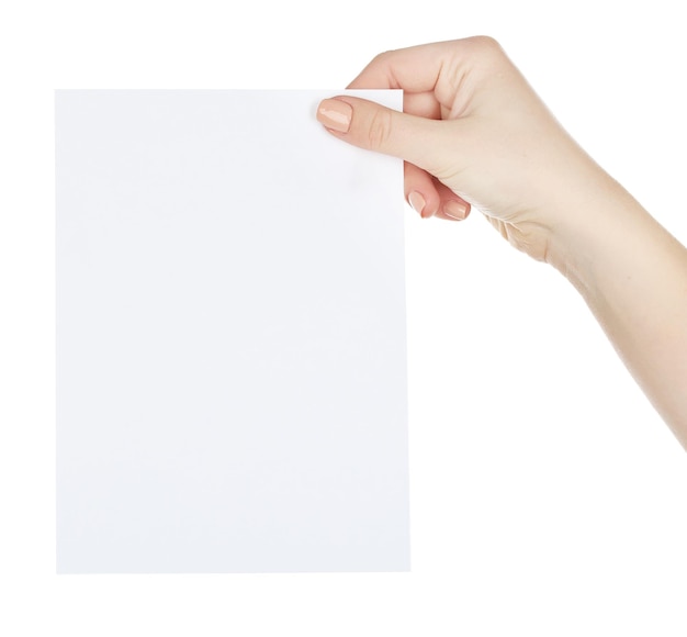 Hand holding blank card isolated on white