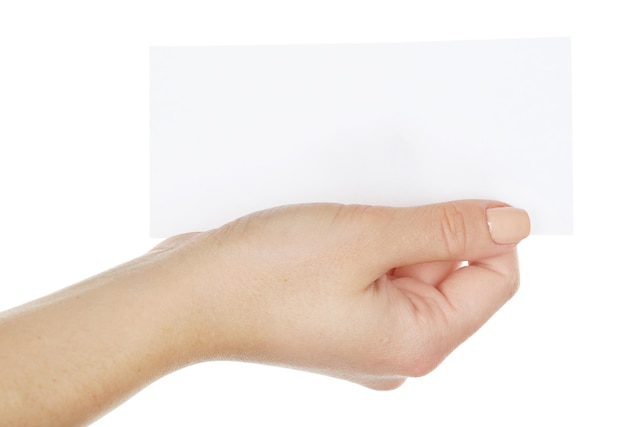 Hand holding blank card isolated on white