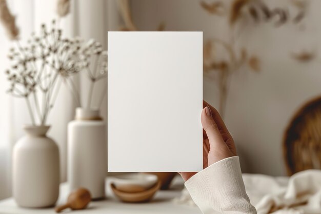 Hand holding a blank card in a warmtoned room with vases and dried flowers