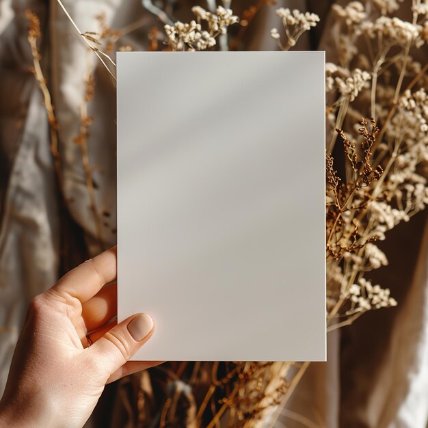 Hand holding a blank card with dried plants in the background