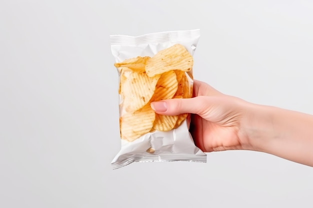 Hand holding a blank packaging snack mock up style AI Generated