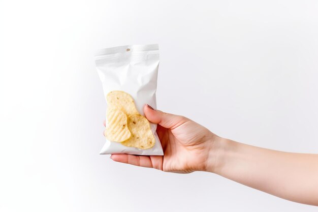 Photo hand holding a blank packaging snack mock up style ai generated