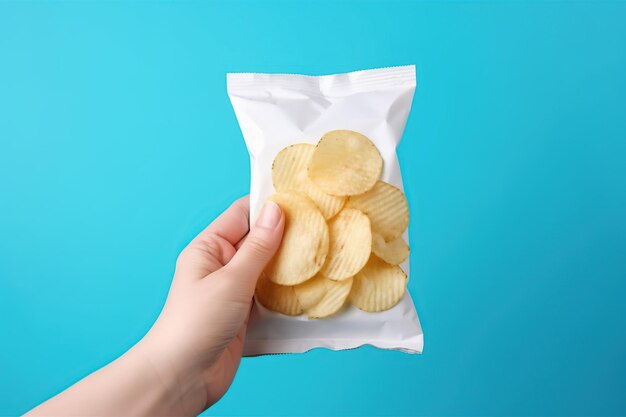 Photo hand holding a blank packaging snack mock up style ai generated