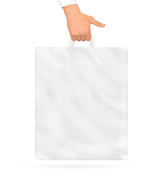 Hand holding blank plastic bag