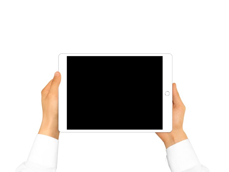 Photo hand holding blank tablet isolated