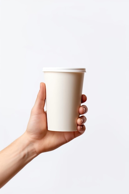 빈 테이크아웃 커피 컵을 들고 있는 손은 AI 생성 스타일을 모의합니다