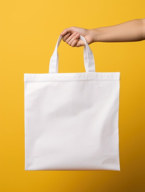 Photo hand holding a blank tote bag with no print white shopping bag tote in front of yellow background