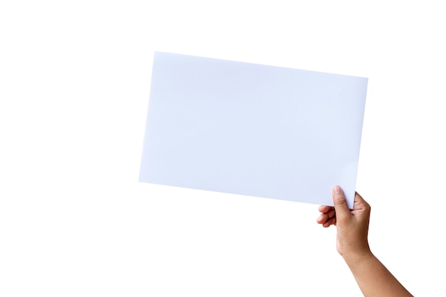 Hand holding blank white paper on white background with the clipping path.