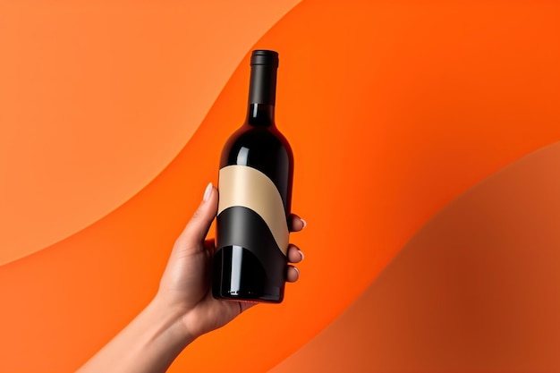 Hand holding a blank wine label mock up style AI Generated