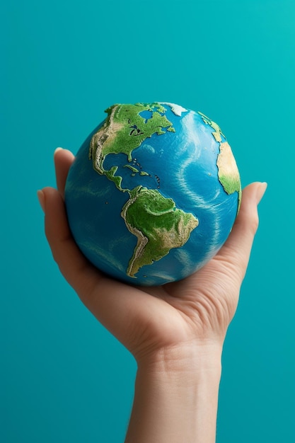 Hand holding a blue earth globe