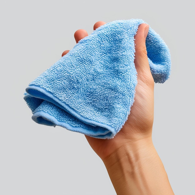 A hand holding a blue microfibre towel over a gray background with a white background behind it and