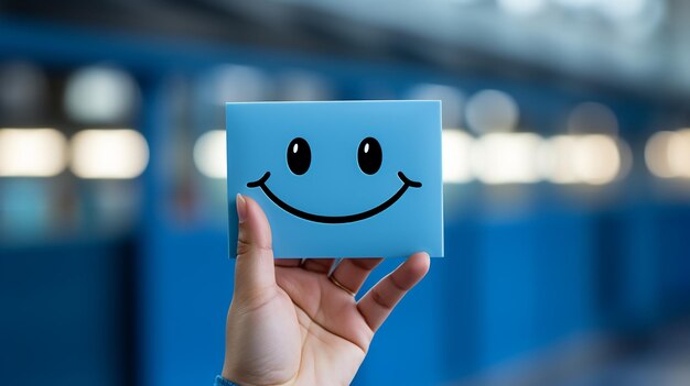 Hand holding blue paper cut happy smiley face world mental health day concept Generative AI