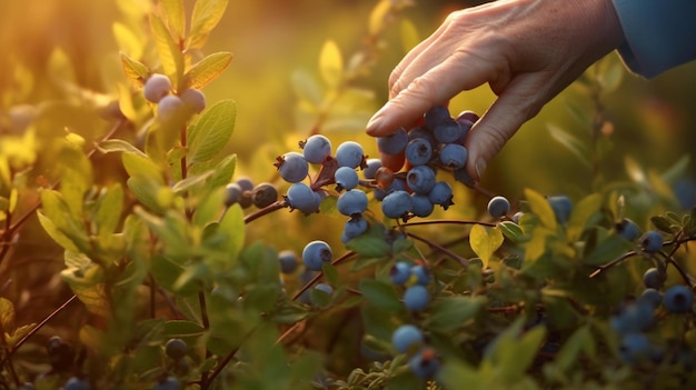 hand holding blueberries from a bush in a sunlit blueberry field AIGenerated