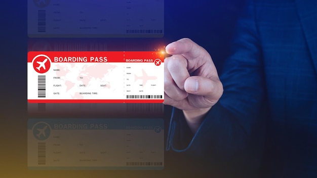 Hand holding boarding pass tickets air travel concept Choosing checking electronic flight ticket