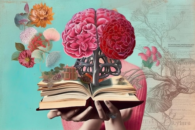 Hand holding book icon w words inside brain reading amidst colorful vintagestyle surrealist canvas poster Generative AI