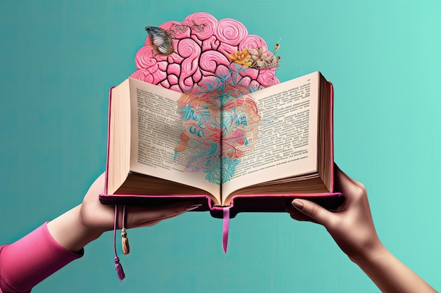 Foto mano che tiene l'icona del libro w parole all'interno della lettura del cervello in mezzo a un colorato poster di tela surrealista in stile vintage ia generativa