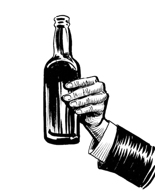 A hand holding a bottle of beer in a black and white drawing.