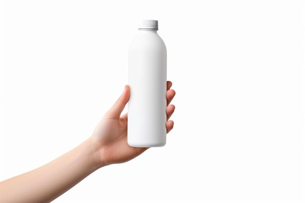 Photo a hand holding a bottle of milk with a white cap