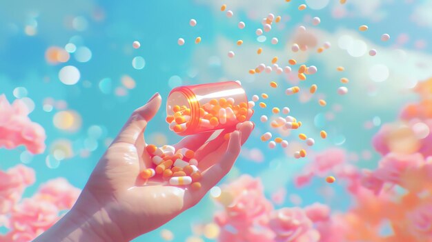 Photo a hand holding a bottle of pills with pills spilling out in front of a blue and pink background