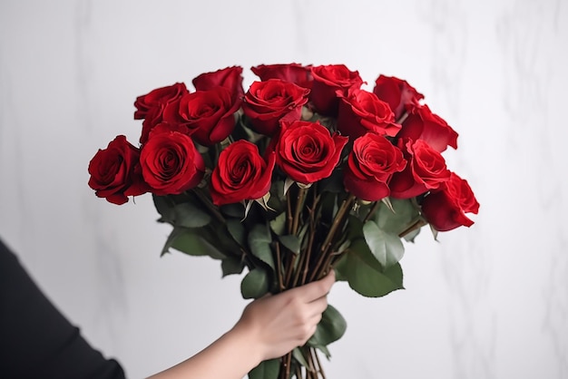 Hand holding bouquet of red roses over white background