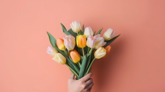 A hand holding a bouquet of tulips.