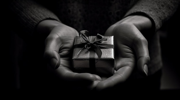 A hand holding a box with a ribbon tied around it.