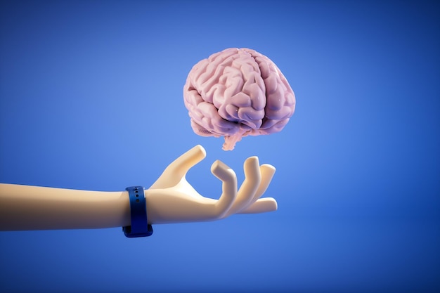 A hand holding the brain on a blue background 3D render