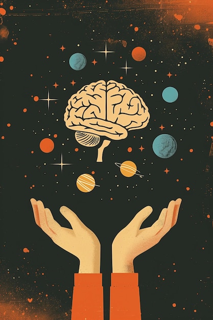 Рука, держащая мозг с планетами на заднем плане Концепция мозга как центра