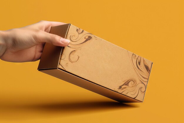 A hand holding a brow mailing box mockup in the style of melting light brown Generative AI