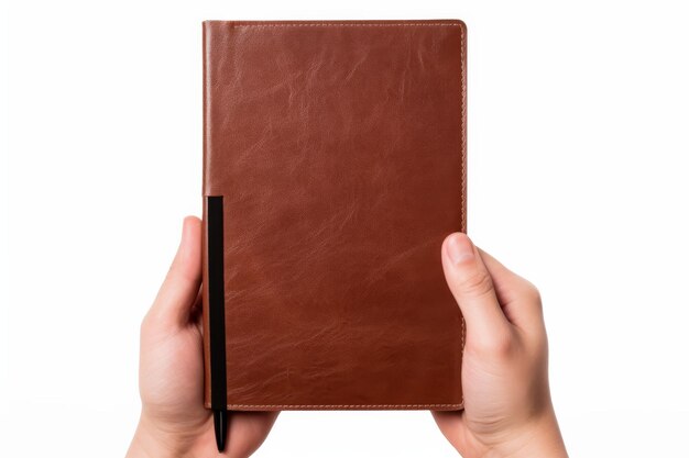 Photo hand holding brown notebook with pen on a white or clear surface png transparent background