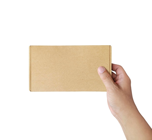 Hand holding brown paper box package isolated on white background