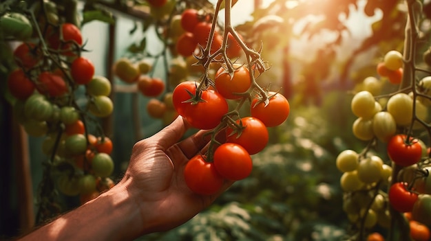 A hand holding a bunch of cherry tomatoes