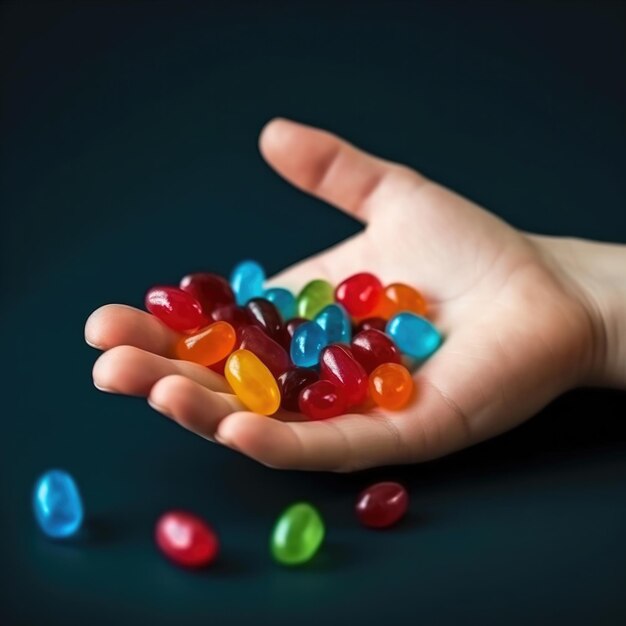 A hand holding a bunch of colorful jelly beans