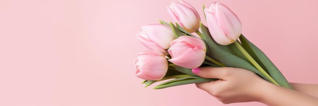 A Hand Holding a Bunch of Pink Tulips