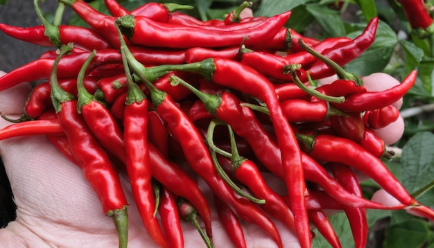 Photo a hand holding a bunch of red peppers