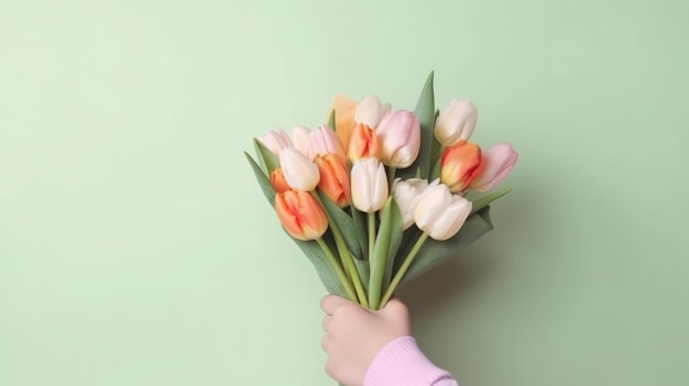 A hand holding a bunch of tulips