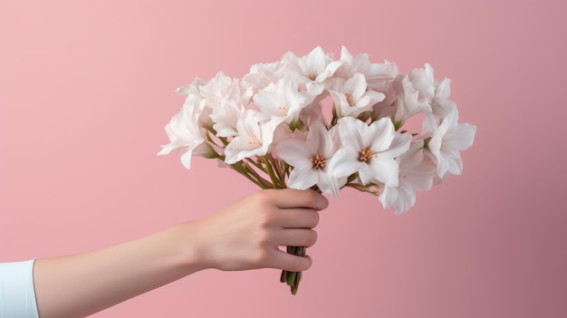 A hand holding a bunch of white flowers