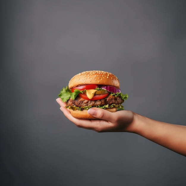 hand holding burger food gray background