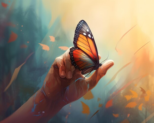 A hand holding a butterfly that is painted with the colors of autumn.