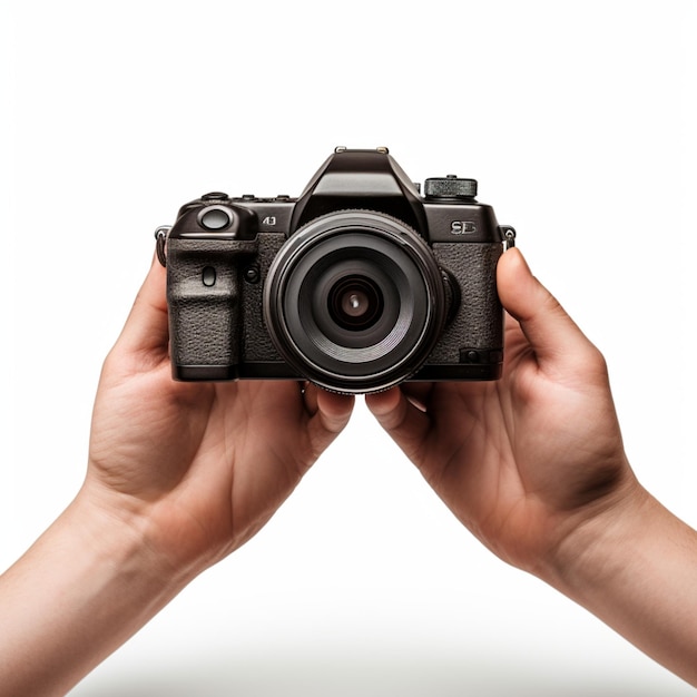 Hand holding camera on white background