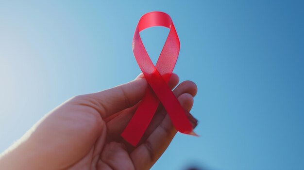 Hand holding cancer day red ribbon blurred blue sky on the background