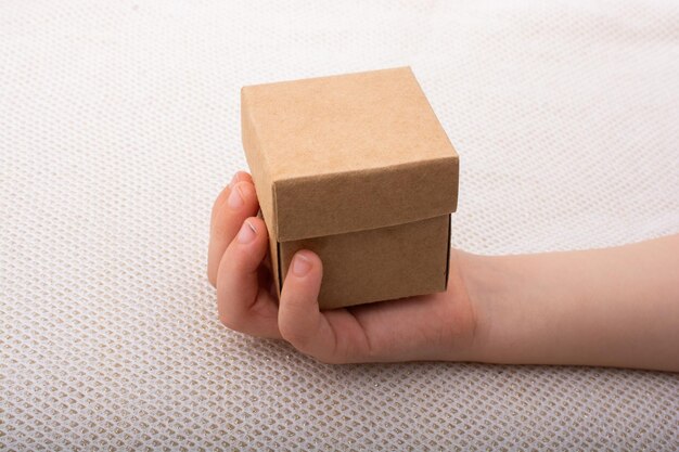 Hand holding cardboard box on a white background