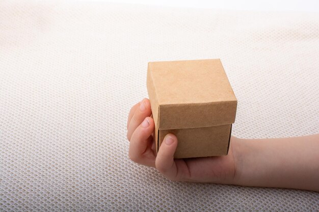 Hand holding cardboard box on a white background