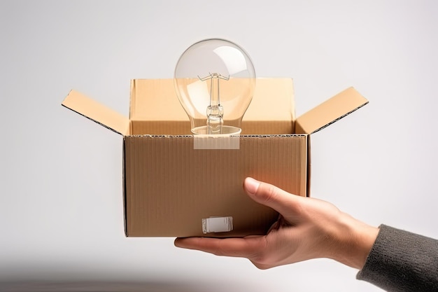 Hand holding cardboard box with light bulb smart delivery concept Generative AI