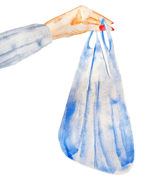 Hand holding cellophane plastic bag watercolor illustration