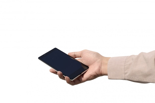 Hand holding cellphone with blank screen isolated over white background