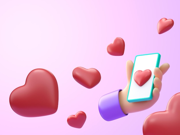 Hand holding a cellphone with flying 3D hearts icons 3D render