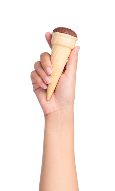 hand holding Chocolat Ice cream in the cone isolated on white background