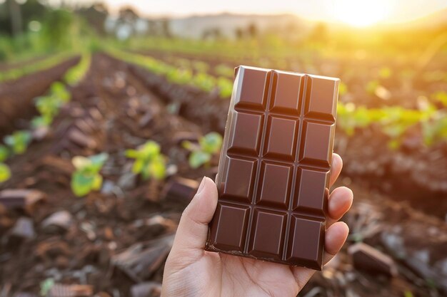 hand holding chocolate bar in the background cocoa cultivation